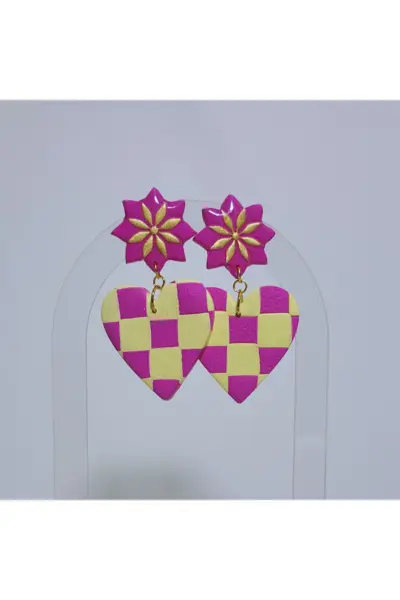 Corazón Cuadros Fucsia y Amarillo